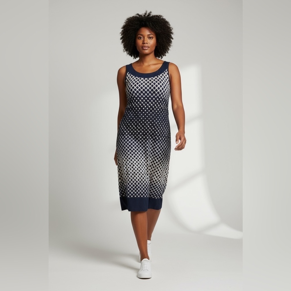 Linea Domani Navy and  Beige Sleeveless Summer Dress, Stretch, Lightweight